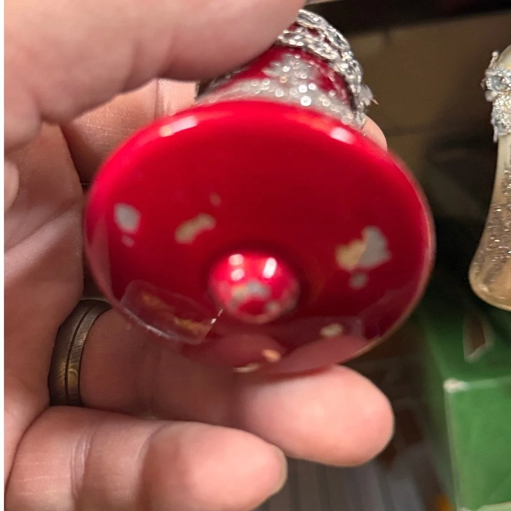 Rauch Vintage Glass Bell Ornaments Red Cream Silver Glitter and band Set of 4